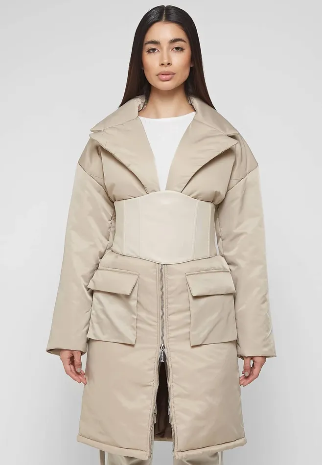 Women Manire De Voir Longline Corset Puffer Coat Beige