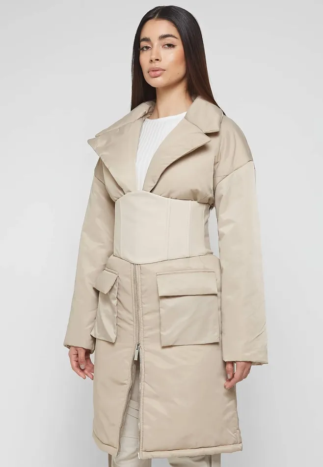 Women Manire De Voir Longline Corset Puffer Coat Beige