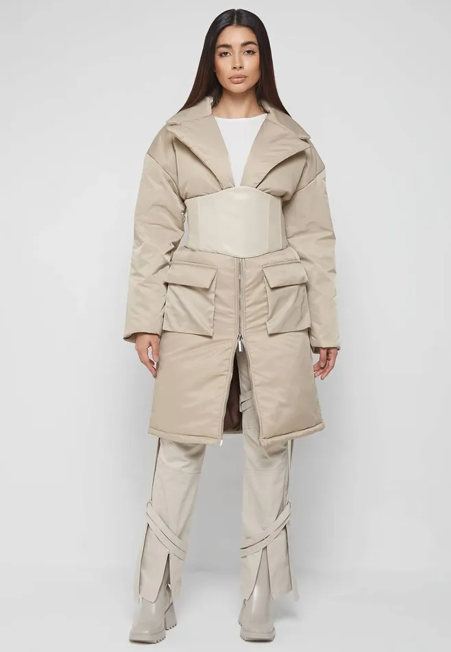 Women Manire De Voir Longline Corset Puffer Coat Beige