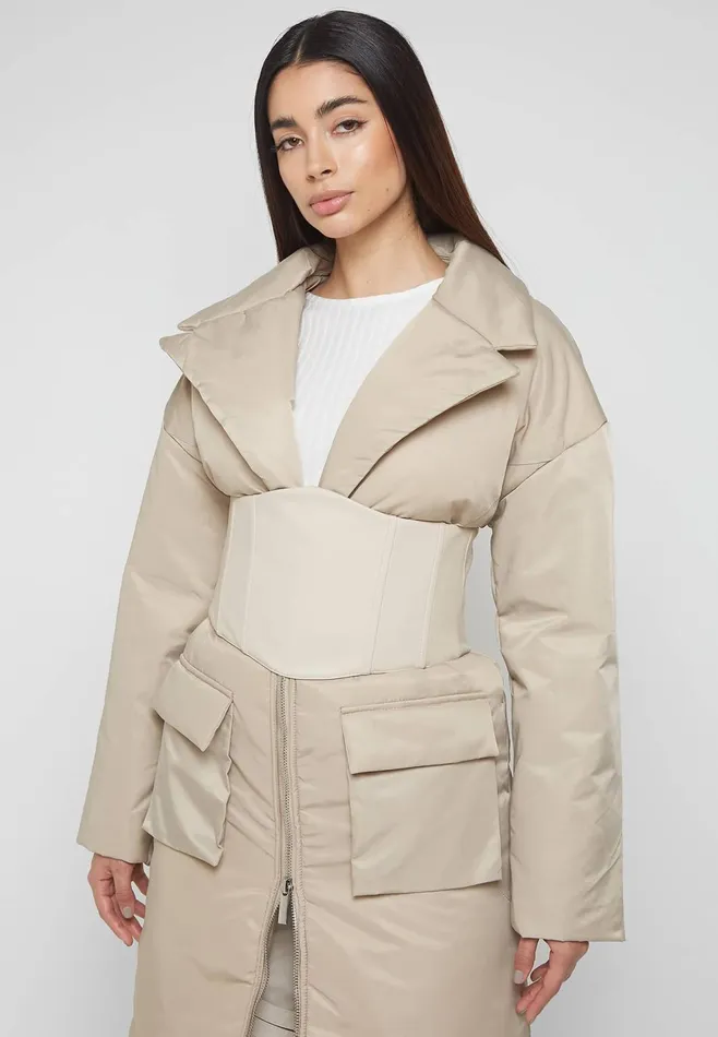 Women Manire De Voir Longline Corset Puffer Coat Beige