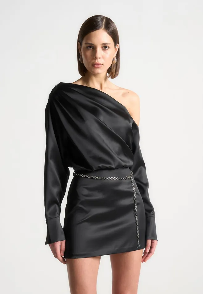Women Manire De Voir Off Shoulder Draped Satin Mini Dress With Belt Black