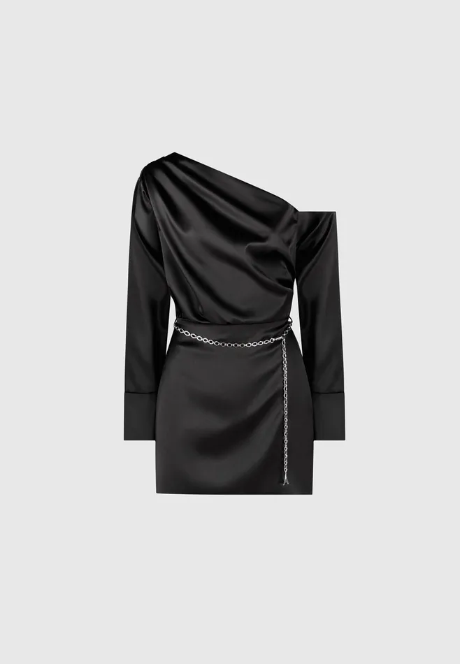 Women Manire De Voir Off Shoulder Draped Satin Mini Dress With Belt Black