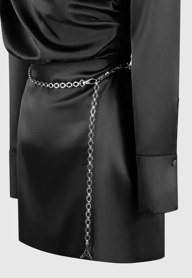 Women Manire De Voir Off Shoulder Draped Satin Mini Dress With Belt Black