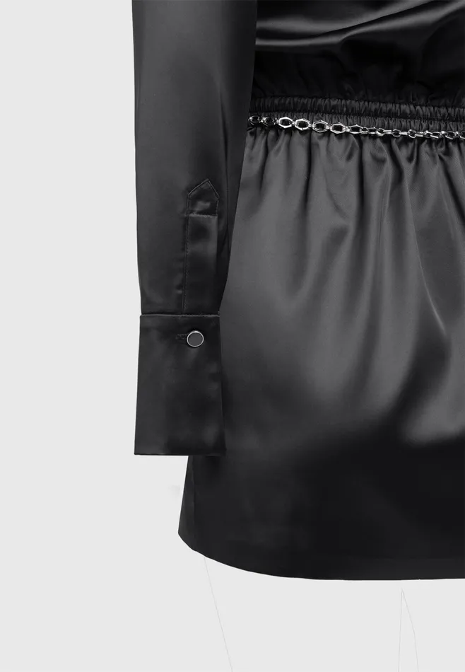Women Manire De Voir Off Shoulder Draped Satin Mini Dress With Belt Black
