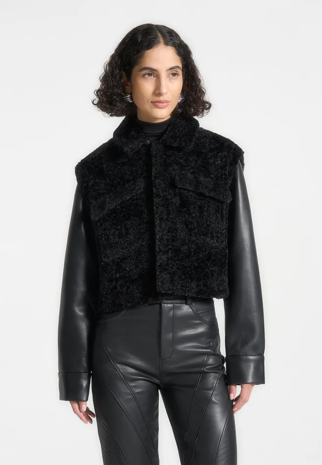 Women Manire De Voir Plush Jacket With Leather Sleeves Black