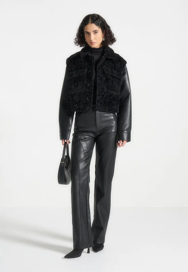 Women Manire De Voir Plush Jacket With Leather Sleeves Black