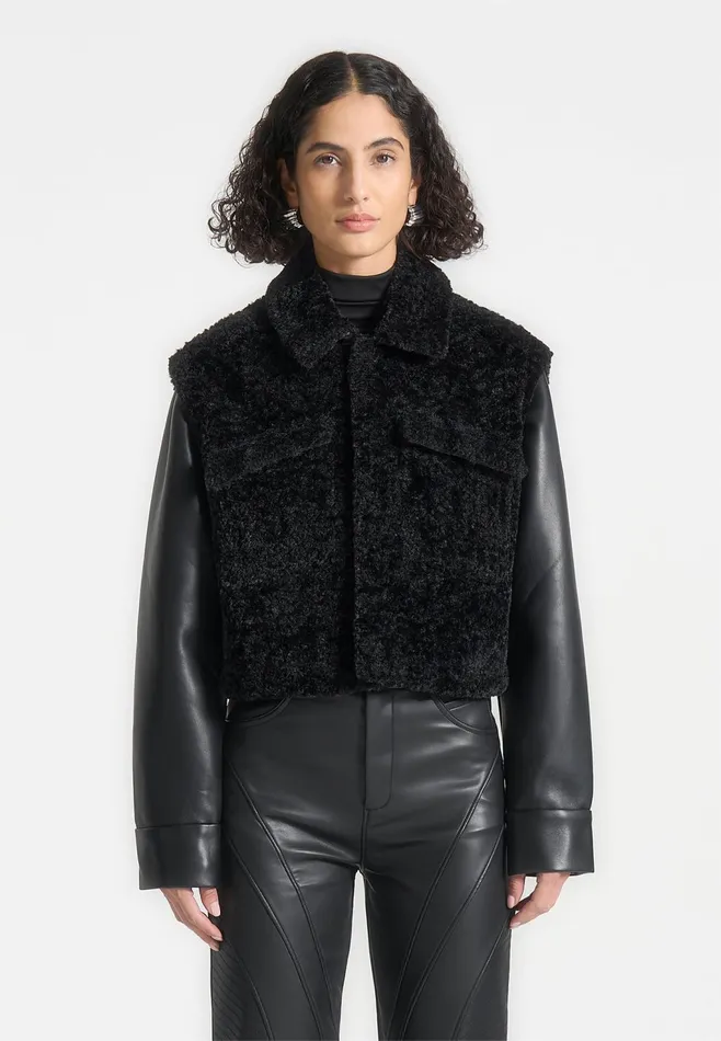 Women Manire De Voir Plush Jacket With Leather Sleeves Black