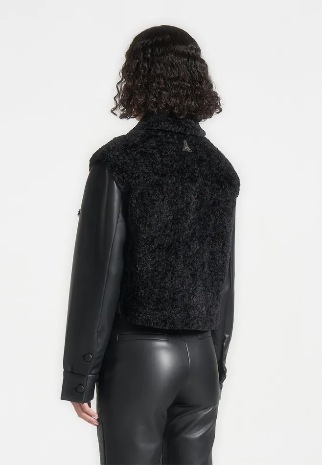 Women Manire De Voir Plush Jacket With Leather Sleeves Black