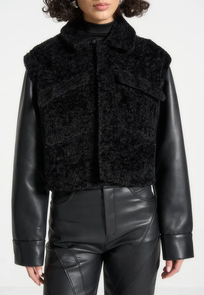 Women Manire De Voir Plush Jacket With Leather Sleeves Black