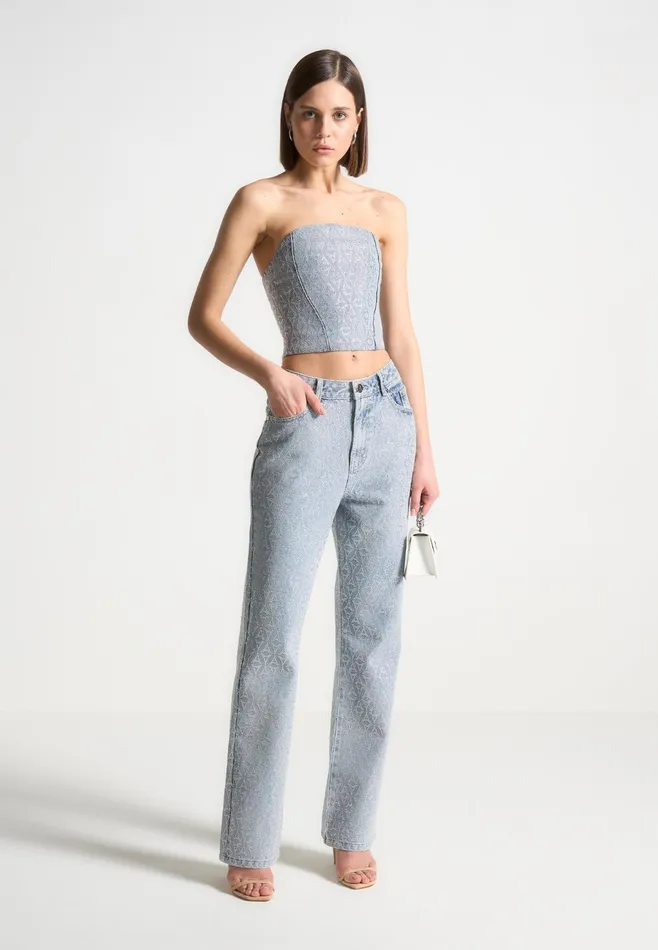 Women Manire De Voir Rhinestone Eiffel Boyfriend Jeans Mid Blue