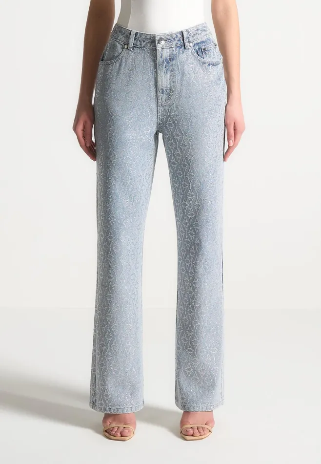 Women Manire De Voir Rhinestone Eiffel Boyfriend Jeans Mid Blue