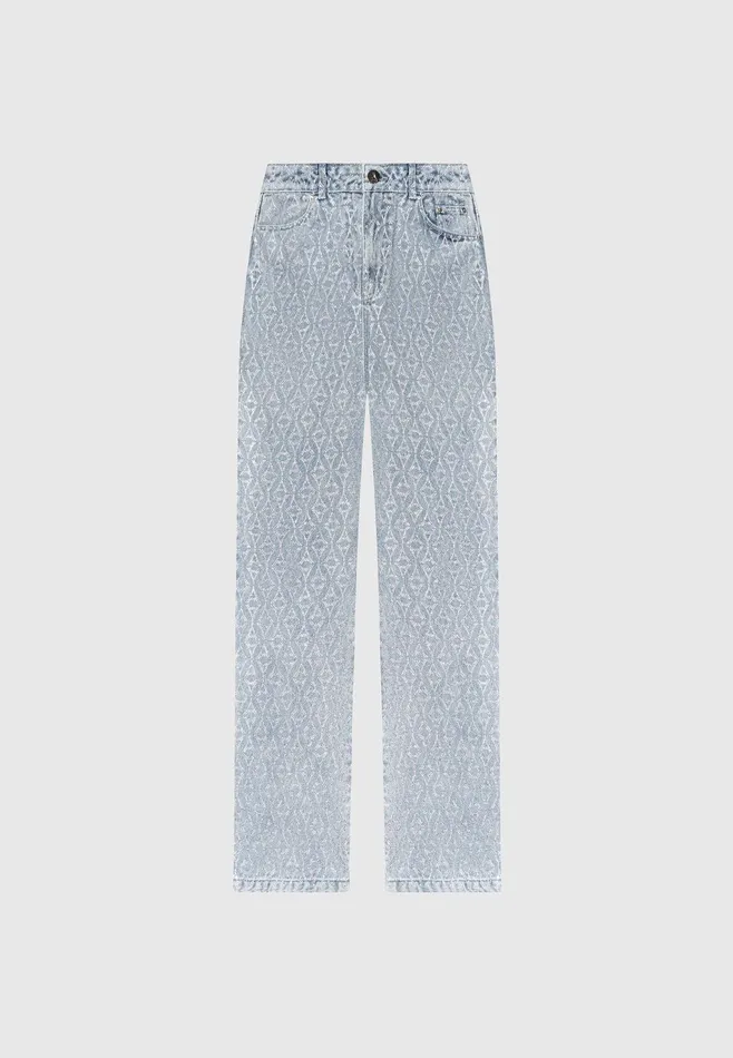 Women Manire De Voir Rhinestone Eiffel Boyfriend Jeans Mid Blue