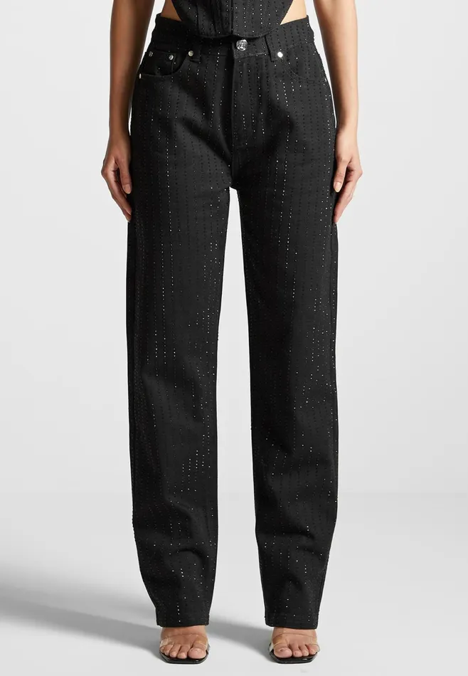 Women Manire De Voir Rhinestone Mom Jeans Black
