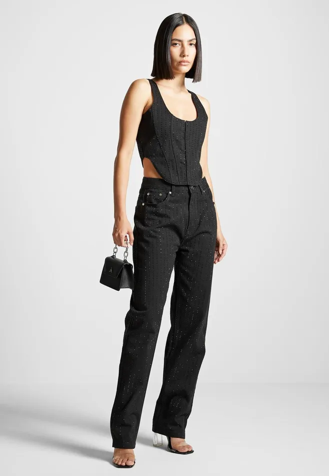 Women Manire De Voir Rhinestone Mom Jeans Black