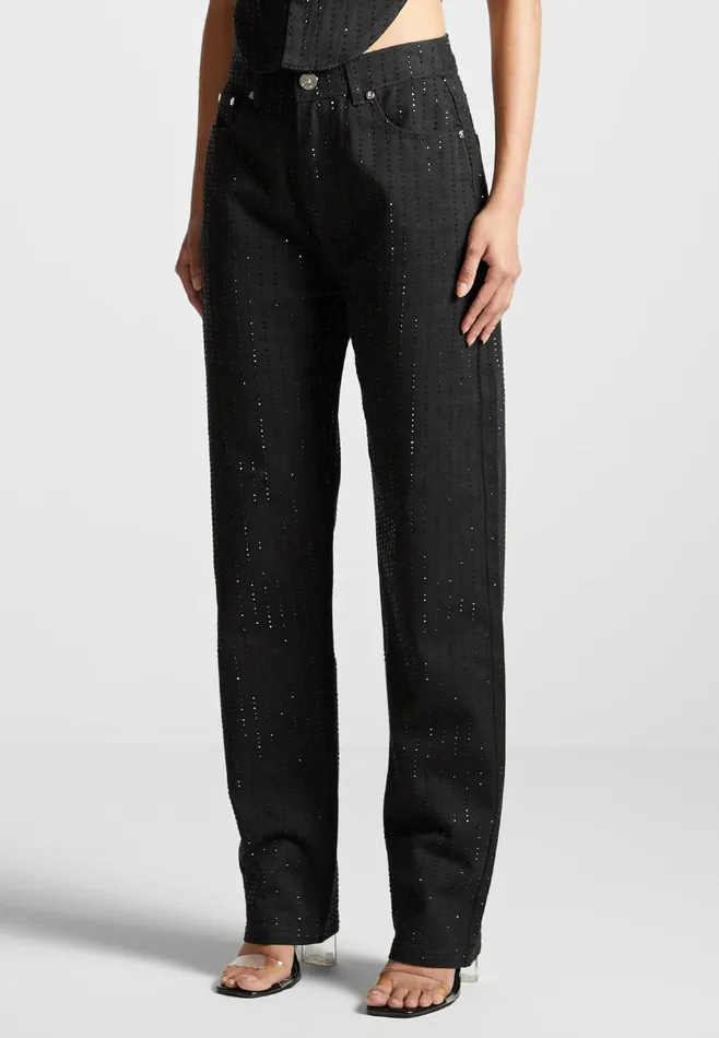 Women Manire De Voir Rhinestone Mom Jeans Black