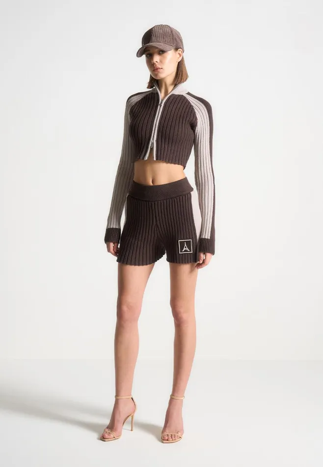 Women Manire De Voir Rib Knit Track Shorts Brownbeige