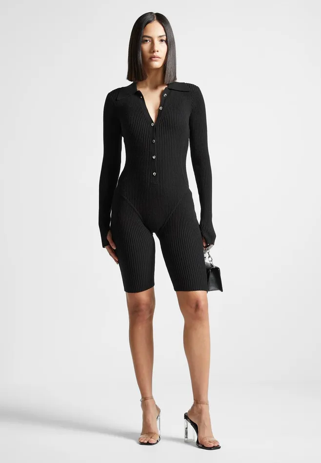 Women Manire De Voir Ribbed Knit Long Sleeve Playsuit Black