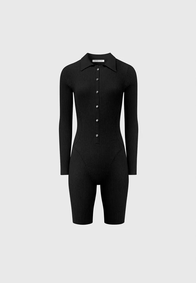 Women Manire De Voir Ribbed Knit Long Sleeve Playsuit Black