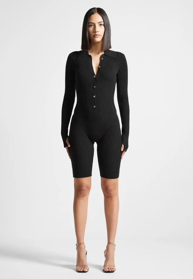 Women Manire De Voir Ribbed Knit Long Sleeve Playsuit Black