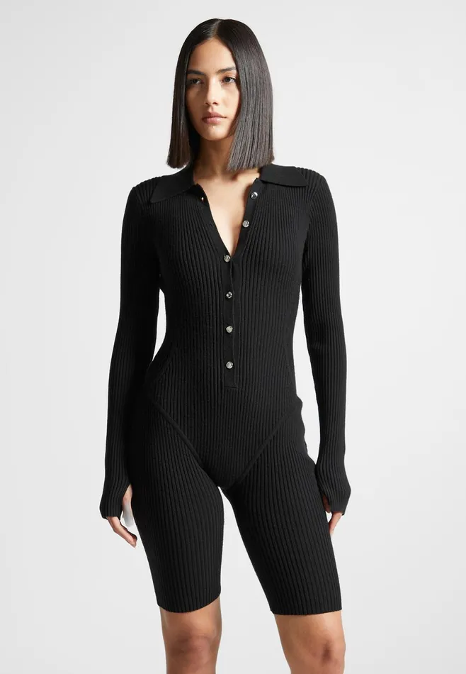 Women Manire De Voir Ribbed Knit Long Sleeve Playsuit Black