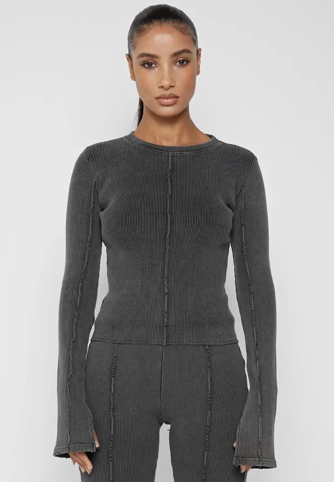 Women Manire De Voir Ribbed Long Sleeve Top Washed Grey