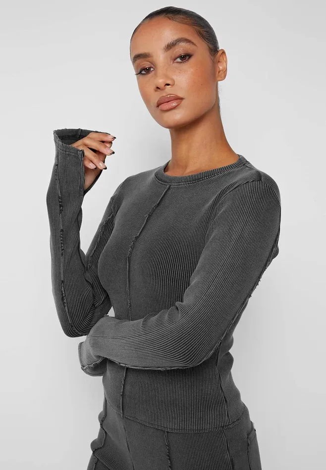 Women Manire De Voir Ribbed Long Sleeve Top Washed Grey