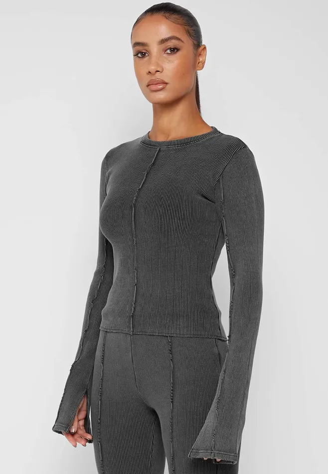 Women Manire De Voir Ribbed Long Sleeve Top Washed Grey