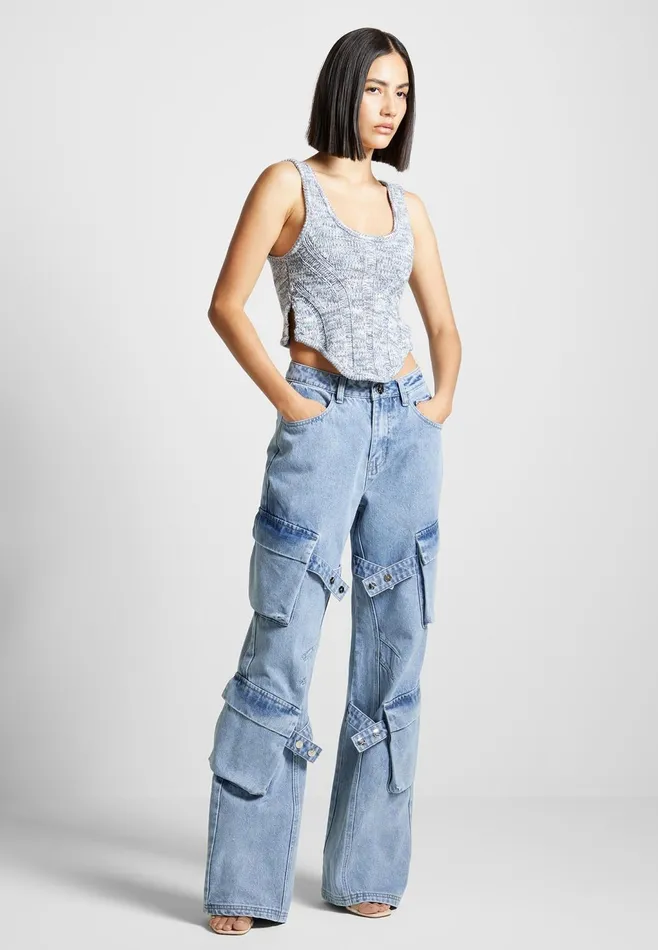 Women Manire De Voir Strap Detail Cargo Jeans Mid Blue