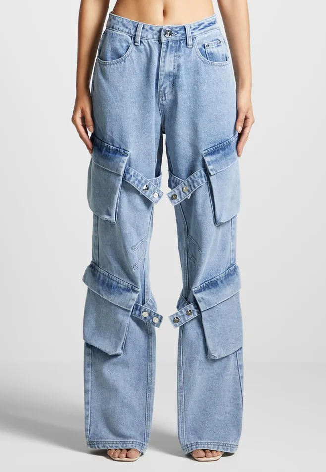 Women Manire De Voir Strap Detail Cargo Jeans Mid Blue