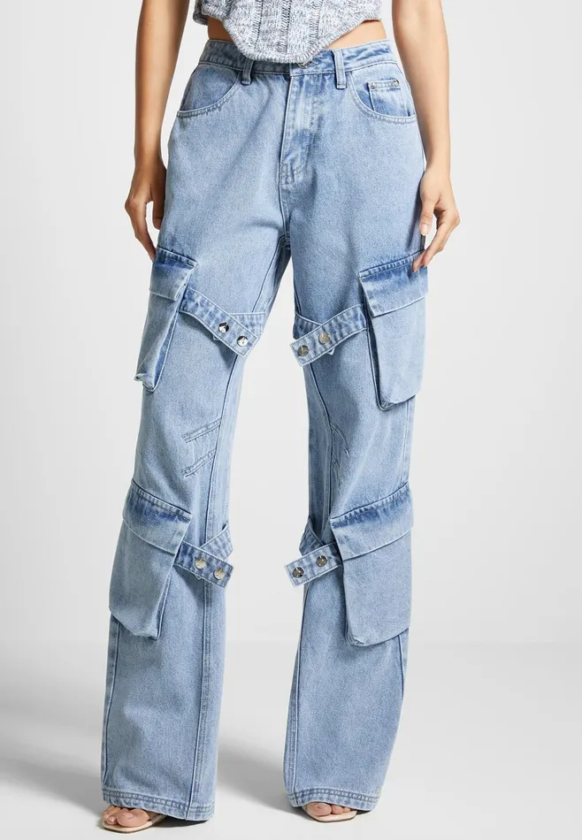 Women Manire De Voir Strap Detail Cargo Jeans Mid Blue
