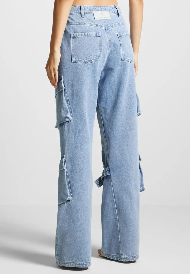 Women Manire De Voir Strap Detail Cargo Jeans Mid Blue