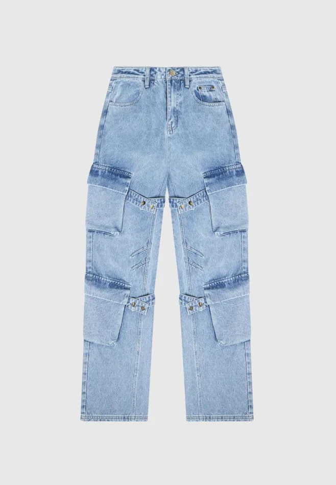 Women Manire De Voir Strap Detail Cargo Jeans Mid Blue