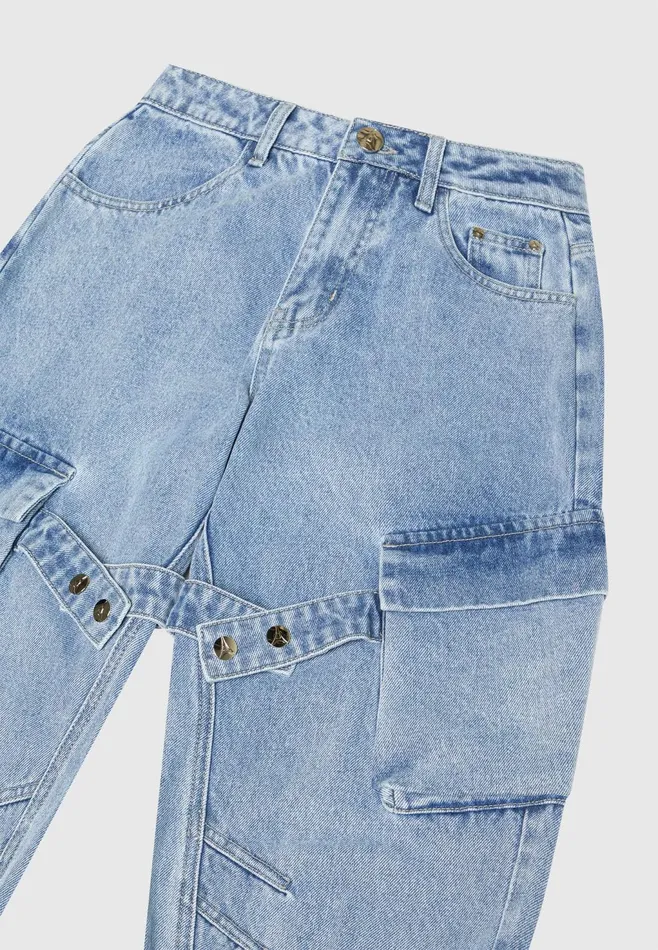 Women Manire De Voir Strap Detail Cargo Jeans Mid Blue
