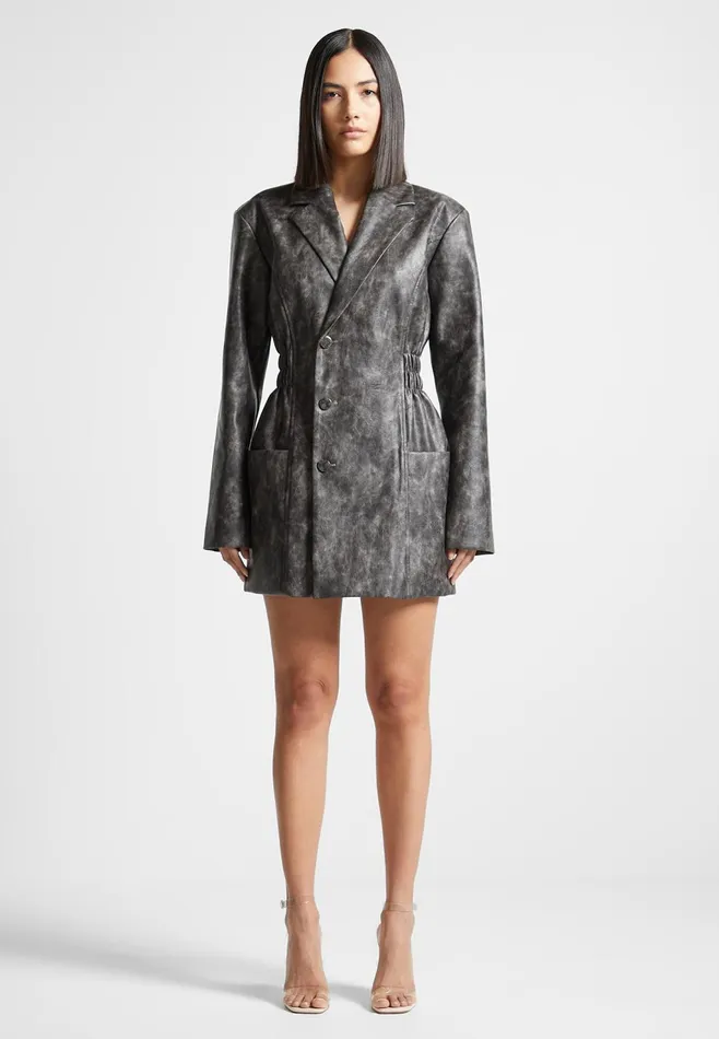 Women Manire De Voir Vintage Double Breasted Leather Blazer Dress Grey