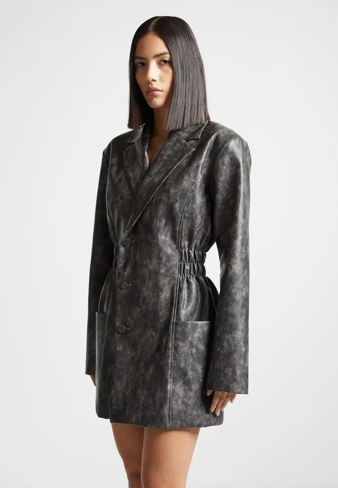 Women Manire De Voir Vintage Double Breasted Leather Blazer Dress Grey