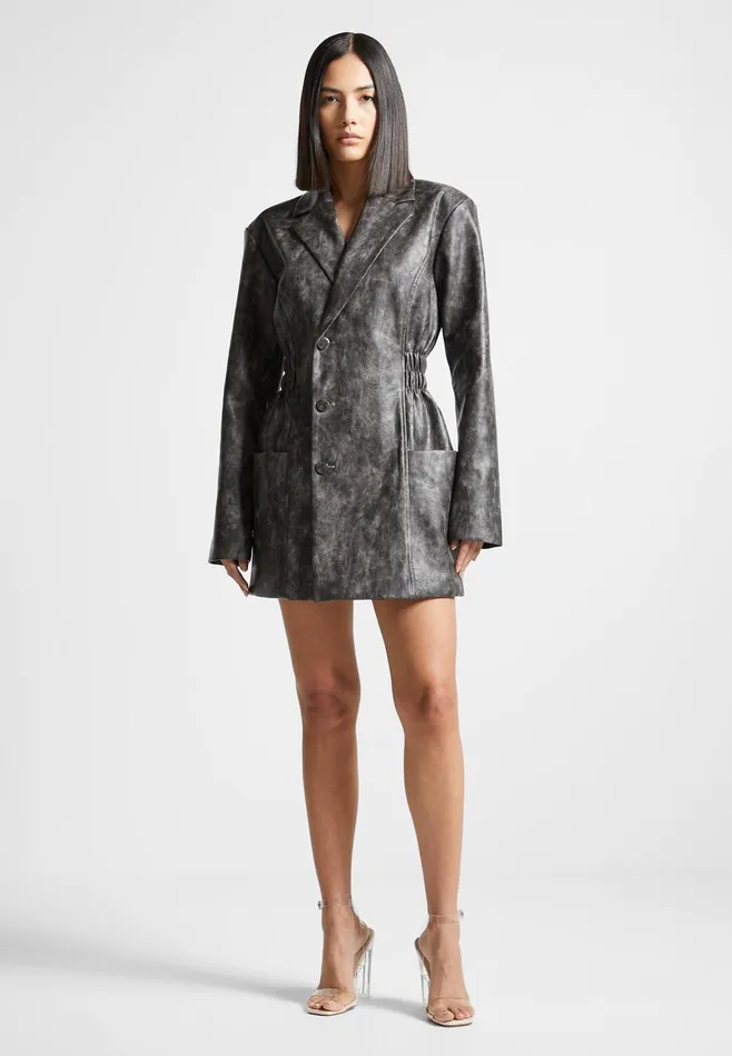 Women Manire De Voir Vintage Double Breasted Leather Blazer Dress Grey