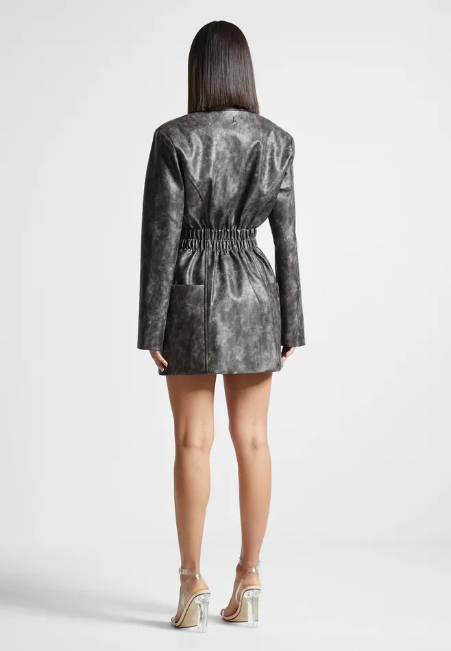 Women Manire De Voir Vintage Double Breasted Leather Blazer Dress Grey