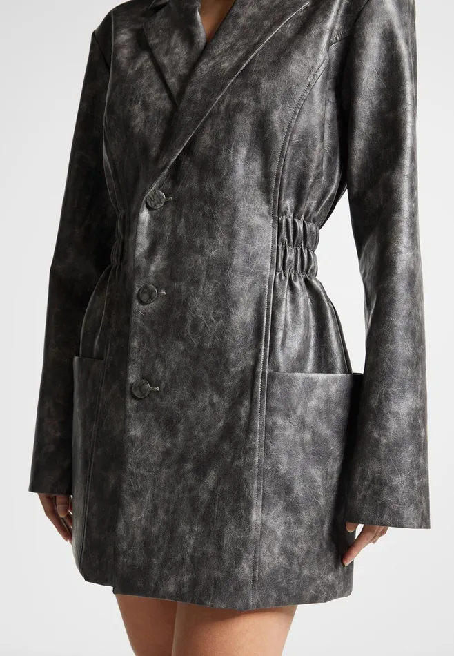 Women Manire De Voir Vintage Double Breasted Leather Blazer Dress Grey