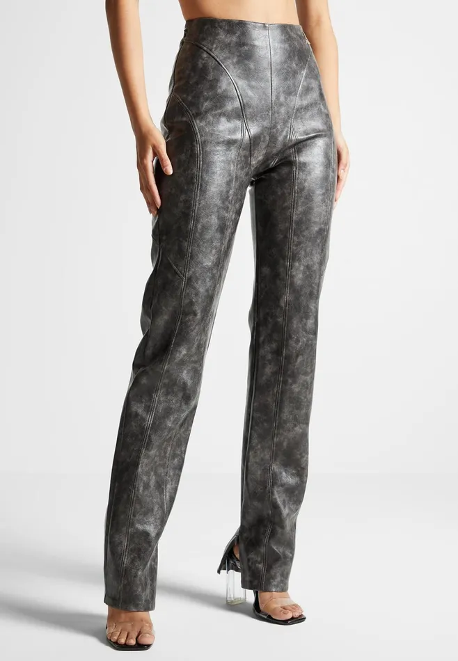 Women Manire De Voir Vintage Leather Trousers Grey