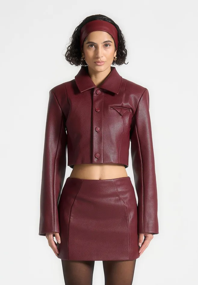 Women Manire De Voir Wide Shoulder Pebbled Leather Jacket Wine Red