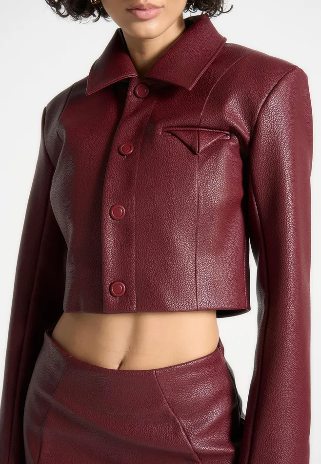 Women Manire De Voir Wide Shoulder Pebbled Leather Jacket Wine Red