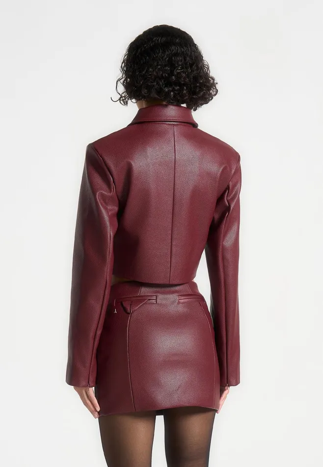 Women Manire De Voir Wide Shoulder Pebbled Leather Jacket Wine Red