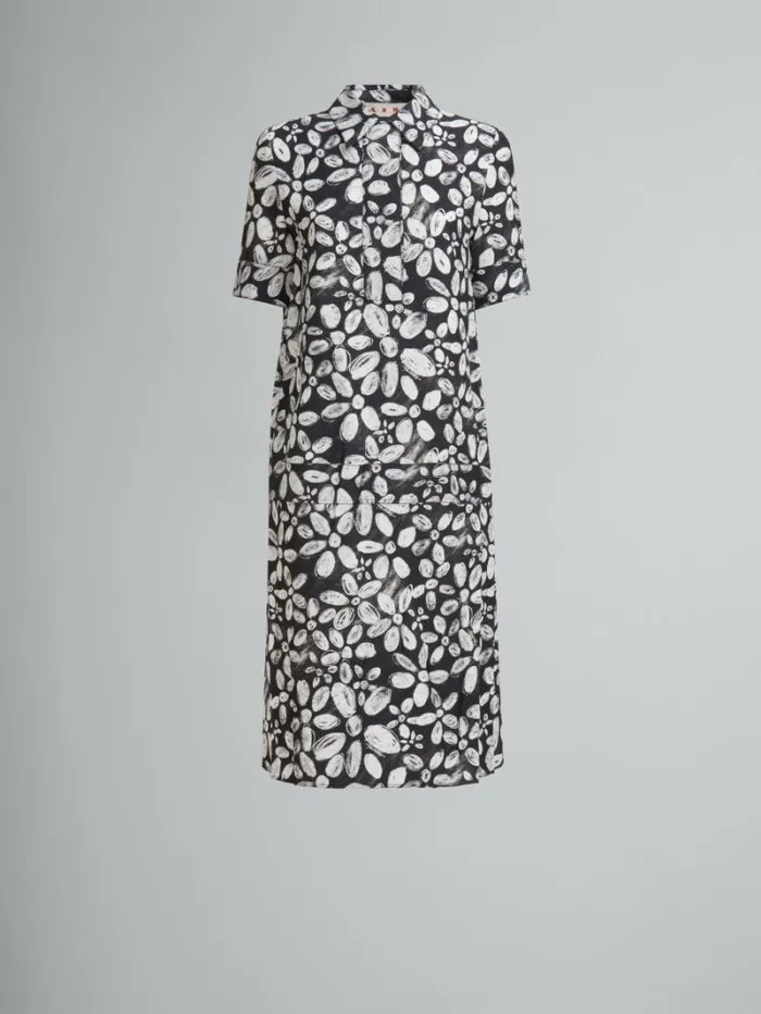 Women Marni Dresses Black SatinBack Crpe Dress With Blooming Print