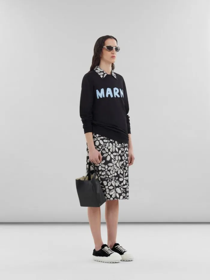 Women Marni Dresses Black SatinBack Crpe Dress With Blooming Print