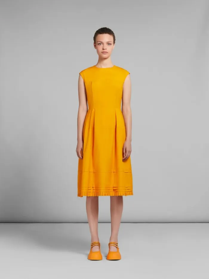 Women Marni Dresses Orange Organic Poplin Midi Dress With Mini Pleats