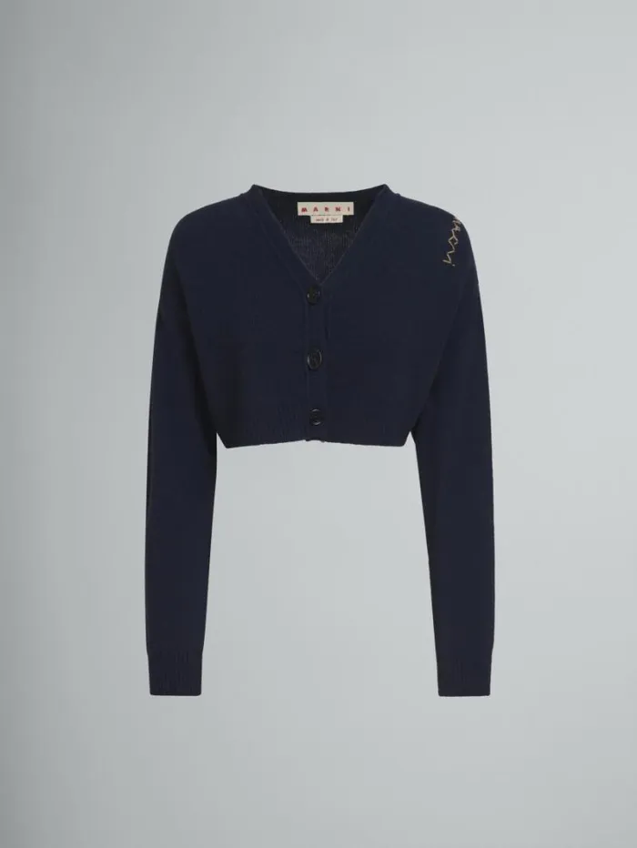 Women Marni Knitwear Cropped Blue Cashmere Cardigan With Marni Symbol