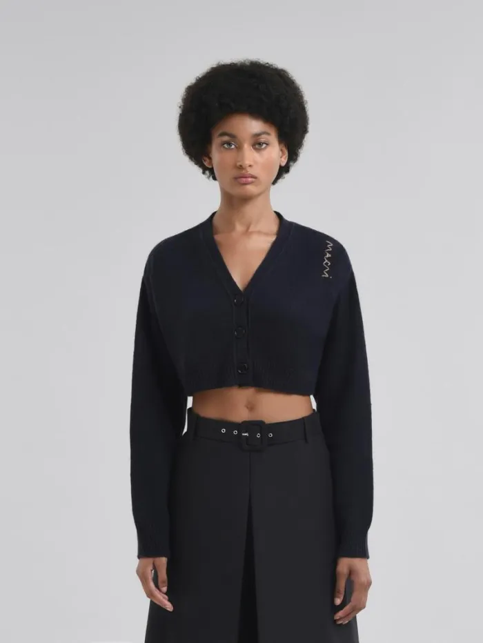 Women Marni Knitwear Cropped Blue Cashmere Cardigan With Marni Symbol