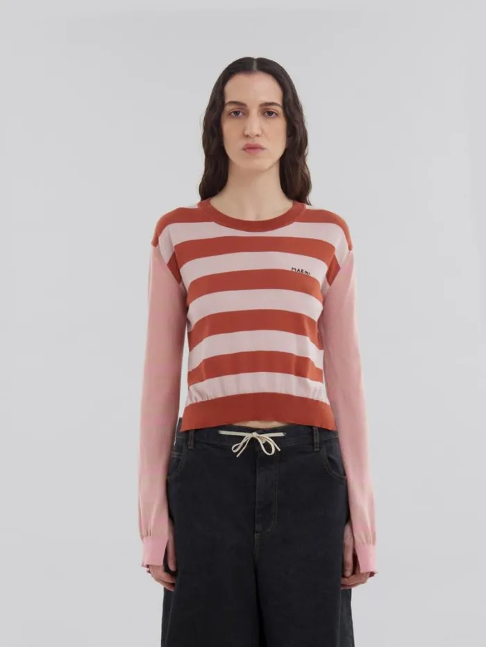 Women Marni Knitwear Pink ContrastStripe Light Cotton CrewNeck