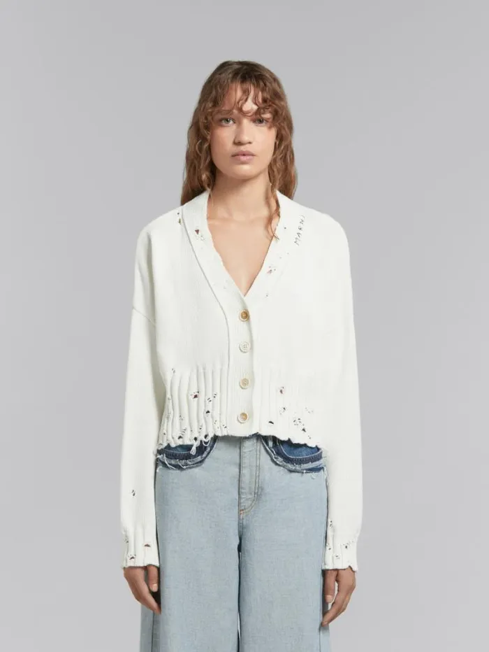 Women Marni Knitwear White Dishevelled Cotton Cropped Cardigan