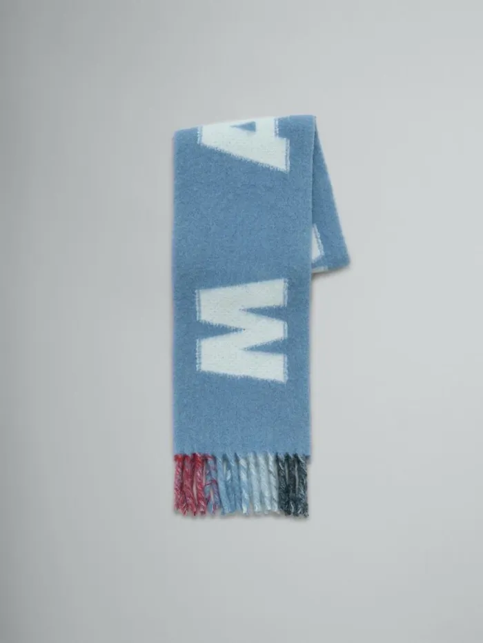 Women Marni Scarves Light Blue Mohair And Wool Scarf With Maxi Logo